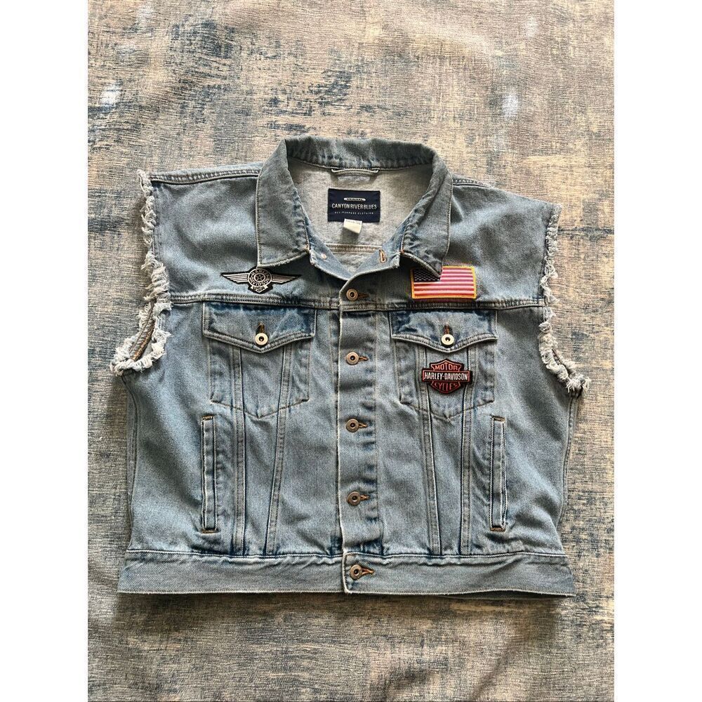 Canyon River Blues Distressed Denim Harley Davidson Patch Vest Men's Large